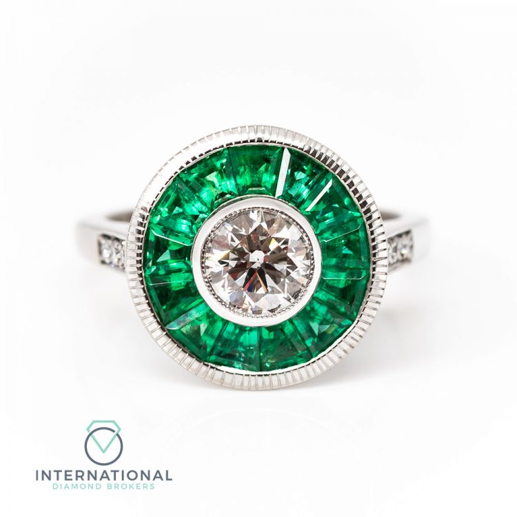 18ct White Gold Emerald & Diamond Target Engagement Ring