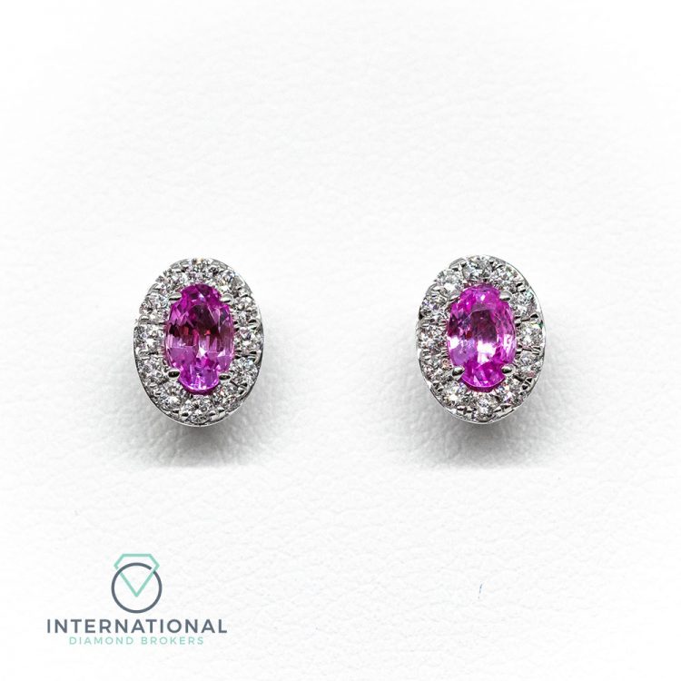 18ct White Gold, 0.70ct Pink Sapphire & Diamond Oval Cluster Earrings