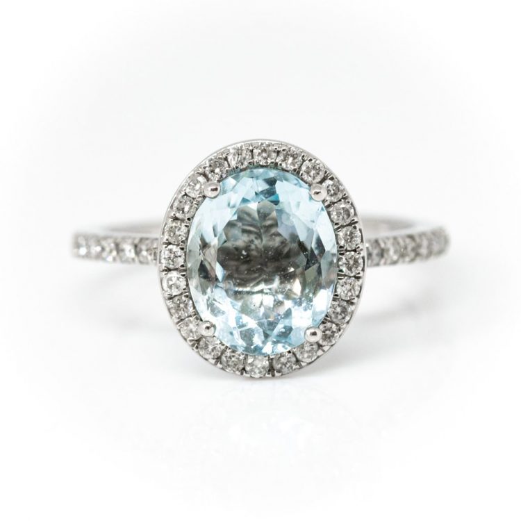 18ct White Gold, Oval Aquamarine & Diamond Cluster Ring