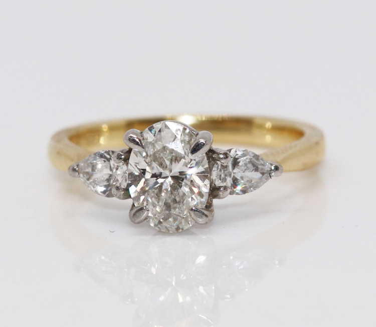 18ct Yellow Gold Oval Diamond and Pear 3 stone Ring