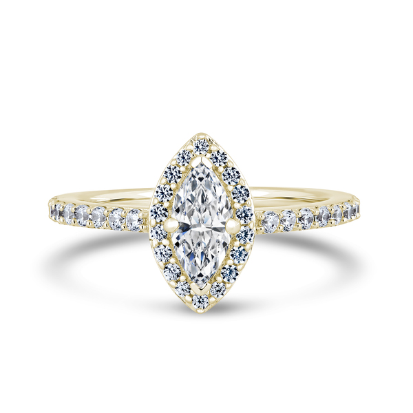 18ct Yellow Gold 1ct D-VS1 Lab-Grown marquise Cut halo Engagement Ring with diamond shoulders